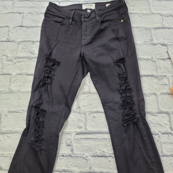 FRAME Le Skinny de Jeanne Black Destroyed Jeans size 27 - Picture 1 of 16